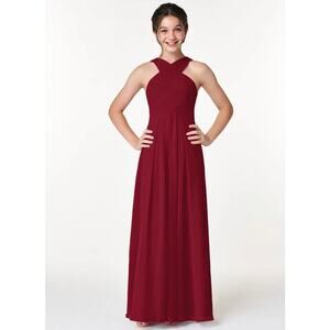 Azazie Kaleigh Junior A-Line Pleated Chiffon Bridesmaid Dress in Burgundy J6